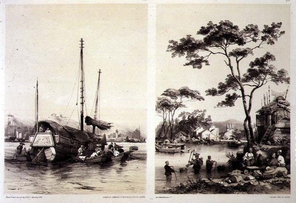 Kereskedelmi dzsunka Kanton mögött és egy falu Kanton közelében, 32. és 31. tábla a "Sketches of China" című munkából, metszette Eugene Ciceri (1813-90) 1842 (színezett litográfia). alkotó: Auguste (after) Borget