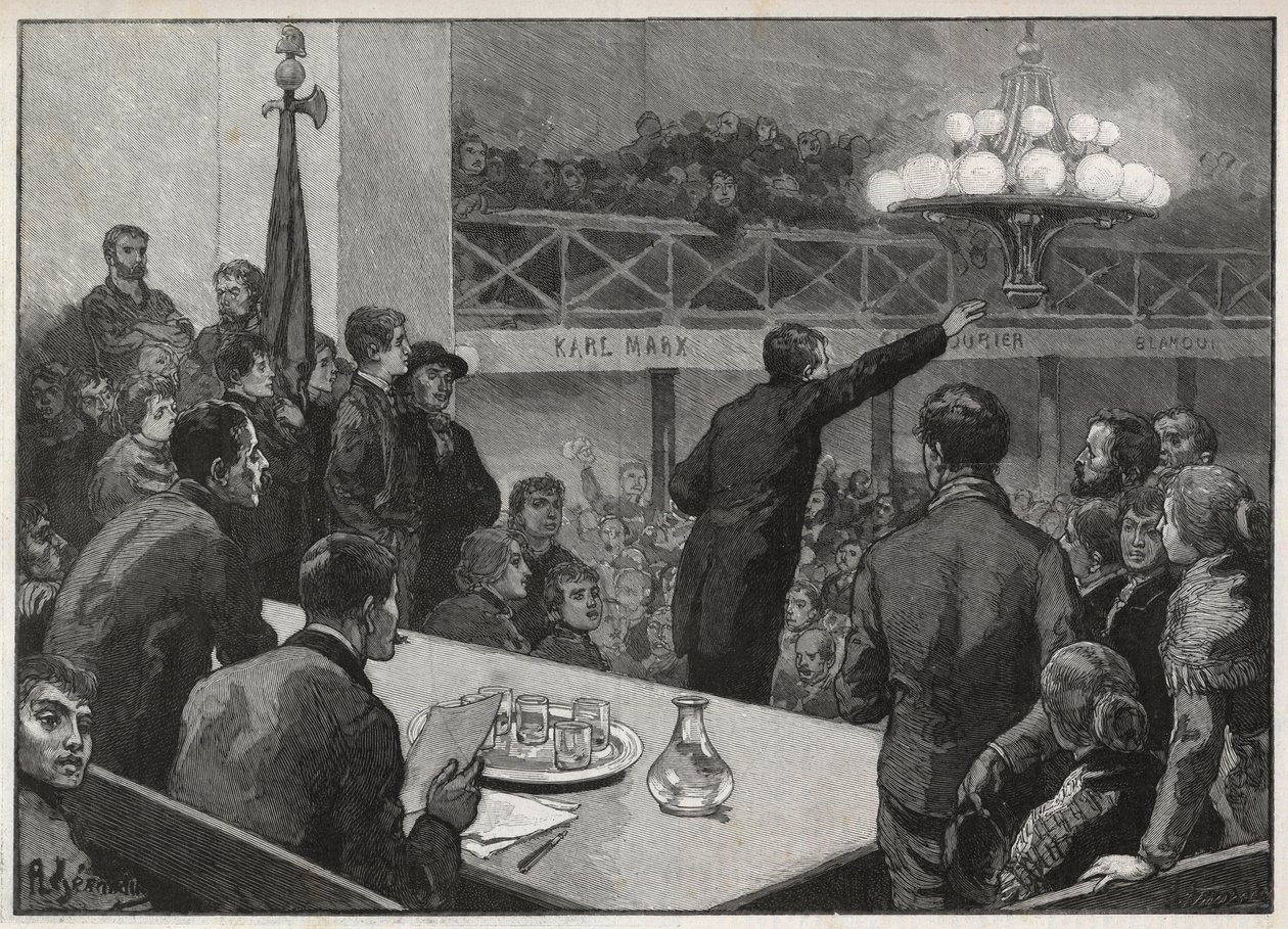 Találkozó az 1885-ös Vooruit sztrájk miatt – 1885-ös „Le monde illustrious” metszet – Gerardin rajza alkotó: Auguste (after) Gerardin
