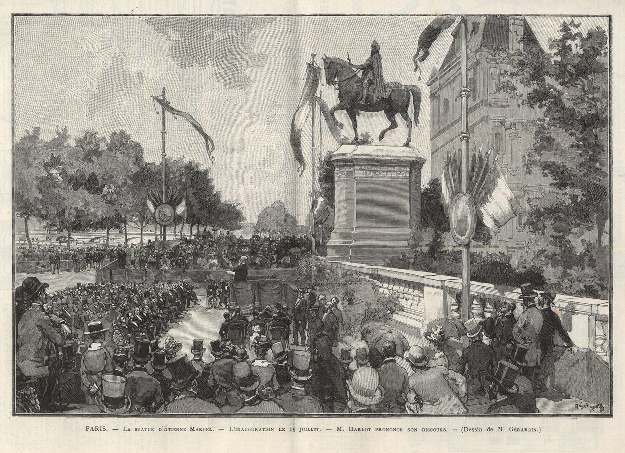 Párizs - - Darlot úr beszéde 1888. július 15-én a Hotel de Ville de Paris-ban, Etienne Marcel szobrának felavatásán - Gerardin rajza az 1888-as „Az illusztris világban” alkotó: Auguste (after) Gerardin