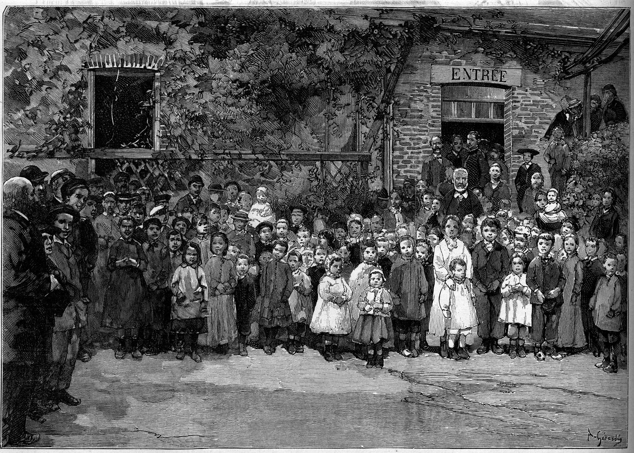 Victor Hugo (1802-1885) Veules en Caux (Veules-en-Caux) szegény gyermekeivel, akiknek lakomát ajánlott fel 1882. szeptember 24-én. Gerardin metsze a „” Le Monde Illustré” 1333. számában, 14. 1882. október. alkotó: Auguste (after) Gerardin