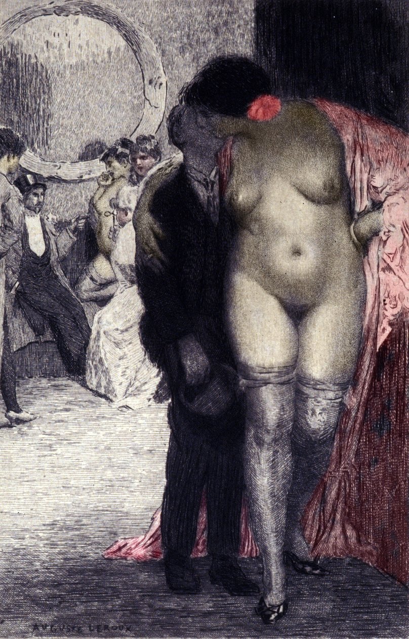 Egy francia bordélyház (bordélyház) belseje. Egy ügyfél egy prostituálttal. Auguste Leroux (1871-1954) illusztrációja. alkotó: Auguste (after) Leroux