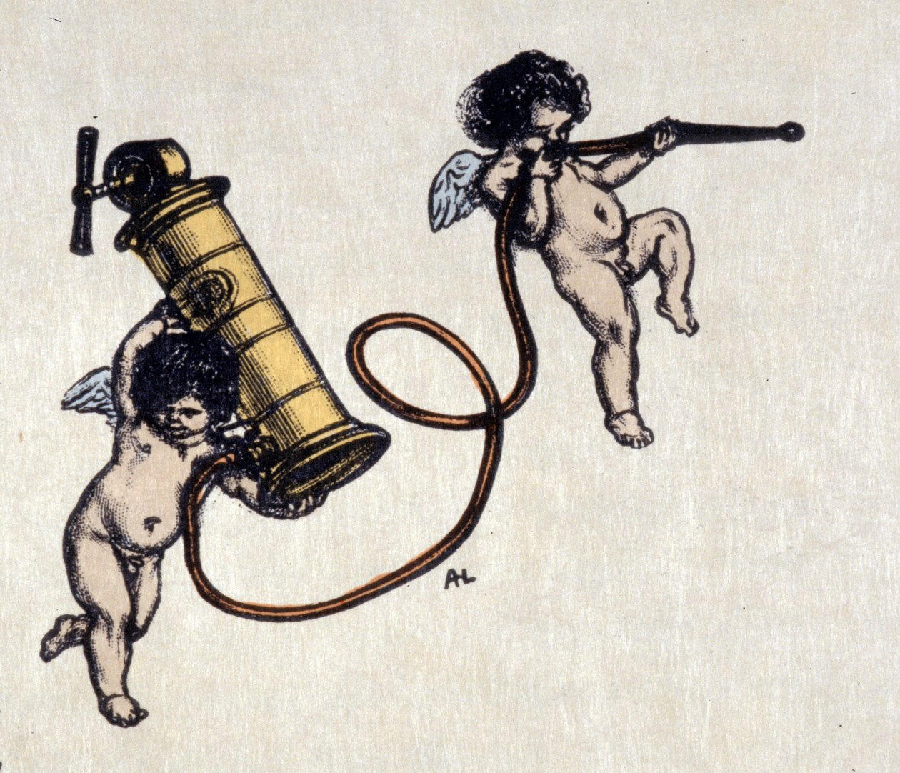 A clystere örömei. Két angyal, akik beöntő pumpát viselnek. Auguste Leroux (1871-1954) illusztrációja. alkotó: Auguste (after) Leroux