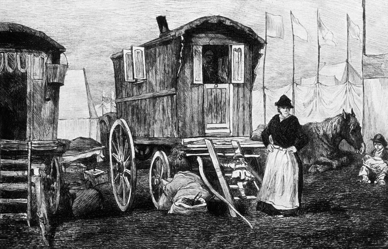 Cigányok tábora lovas lakókocsival alkotó: Auguste Andre Lancon