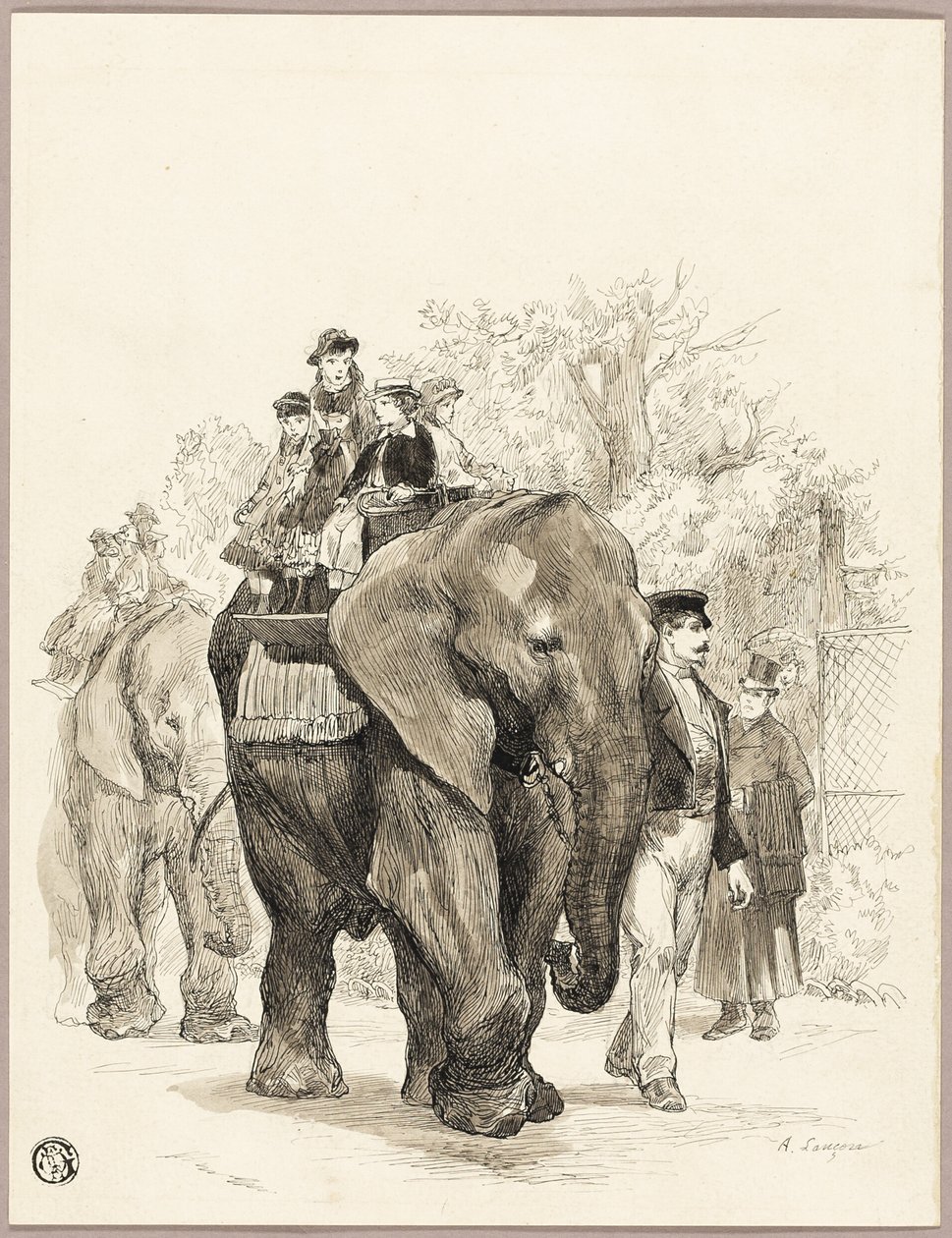 Elefánt lovasokkal a Jardin des Plantes-ban, Párizsban alkotó: Auguste Andre Lancon