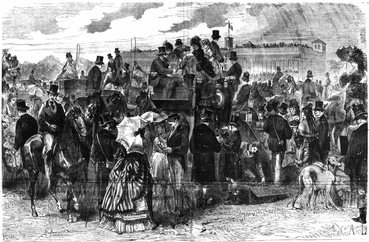 A Longchamps-i versenyek: Le Grand Prix de Paris, -in „Le Figaro”, illusztrált melléklet 1875. június 6-i vasárnapról, Lançon rajza. alkotó: Auguste Andre Lancon
