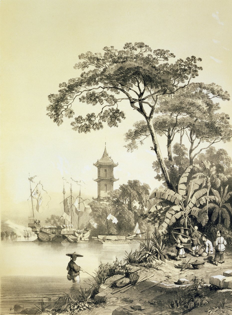 Pagoda a Makaó-Kanton csatornán, 21. tábla a „Sketches of China”-ból, Eugene Ciceri (1813-90) metszet, 1842 (színezett litó) alkotó: Auguste Borget
