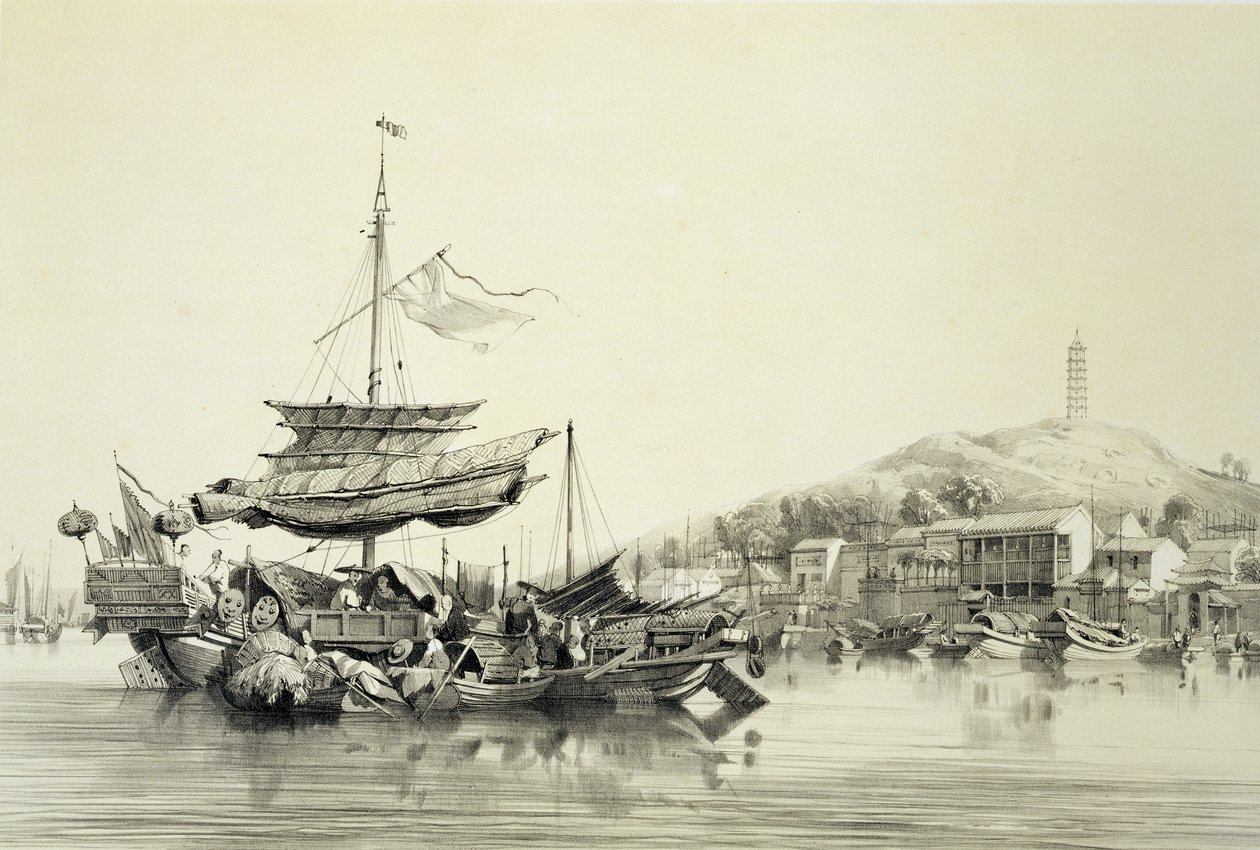 Hong Shang, 17. tábla a "Sketches of China" című műből, metszette Eugene Ciceri (1813-90) 1842 (színezett litográfia). alkotó: Auguste Borget