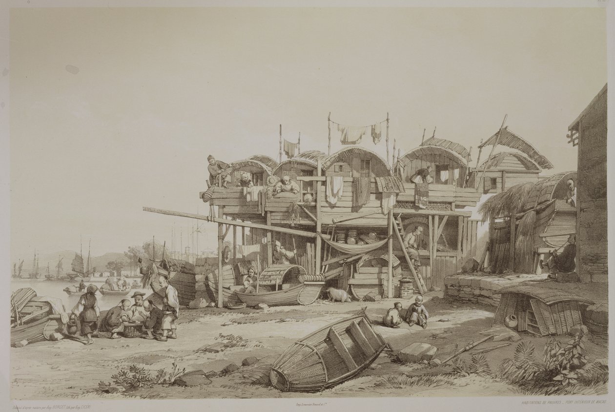Szegények háza Makaó belső kikötőjében, 13. tábla a „Sketches of China”-ból, Eugene Ciceri (1813-90) metszet, 1842 (színezett litho) alkotó: Auguste Borget