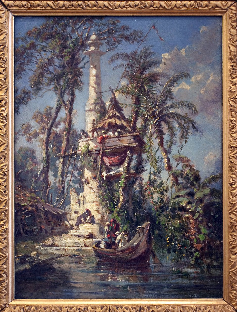 Obszervatórium a Hoogly folyó partján (Bengália, India). Auguste Borget (1808-1877) festménye, olaj, mahagónifa alkotó: Auguste Borget