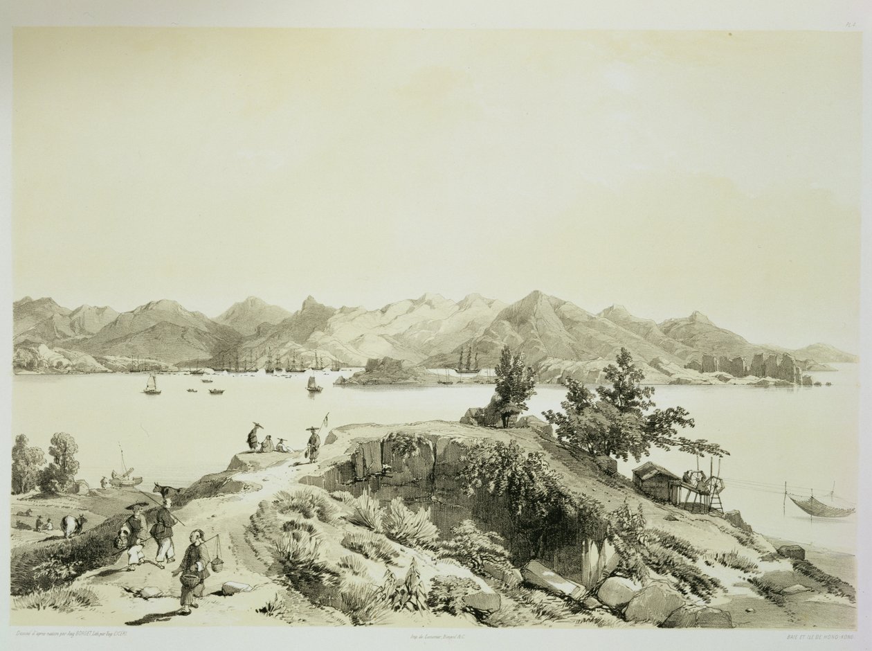 A hongkongi öböl és sziget, 4. tábla a „Sketches of China”-ból, Eugene Ciceri (1813-90) metszet, 1842 (színezett litho) alkotó: Auguste Borget