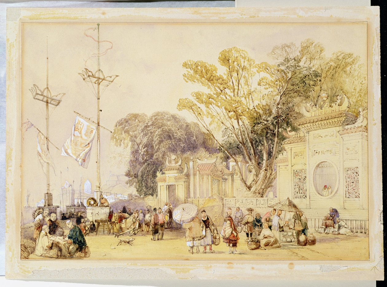 Village Square a Hongkongi-öbölben, 5. tábla a „Sketches of China”-ból, Eugene Ciceri (1813-90) metszet, 1842 (színezett litho) alkotó: Auguste Borget
