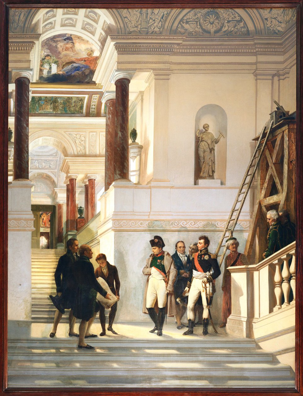 I. Napóleon meglátogatja a Louvre lépcsőházát Percier és Fontaine építészek kíséretében ... alkotó: Auguste Couder