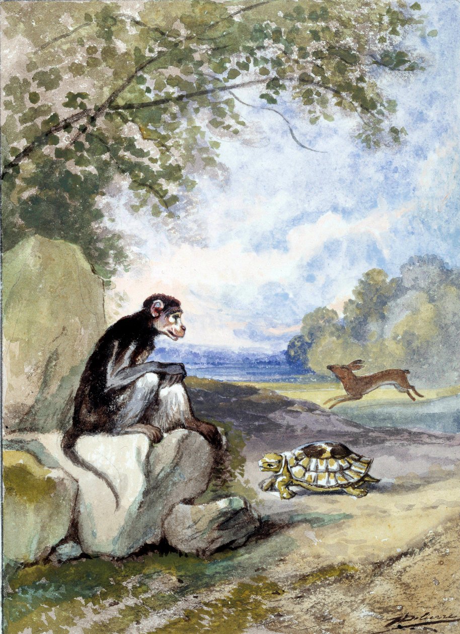 Illusztráció Jean de La Fontaine „A nyúl és a teknős” című meséjéről. Auguste Delierre akvarellje (1829-1890 körül) alkotó: Auguste Delierre