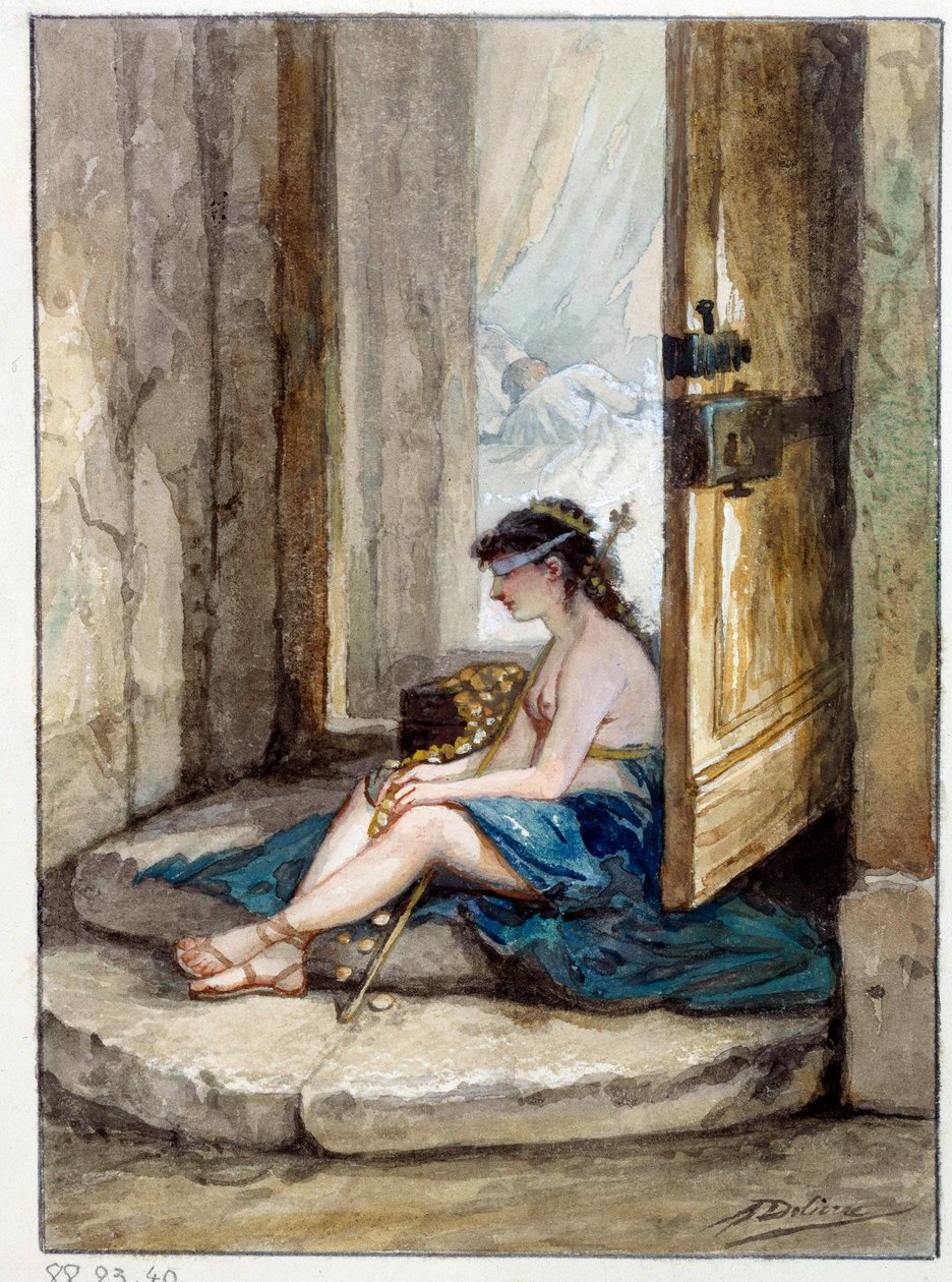 Illusztráció Jean de La Fontaine „Az ember, aki a szerencse után fut, és az ember, aki az ágyában várja őt” című meséjének illusztrációja. Auguste Delierre akvarellje (1829-1890 körül) alkotó: Auguste Delierre