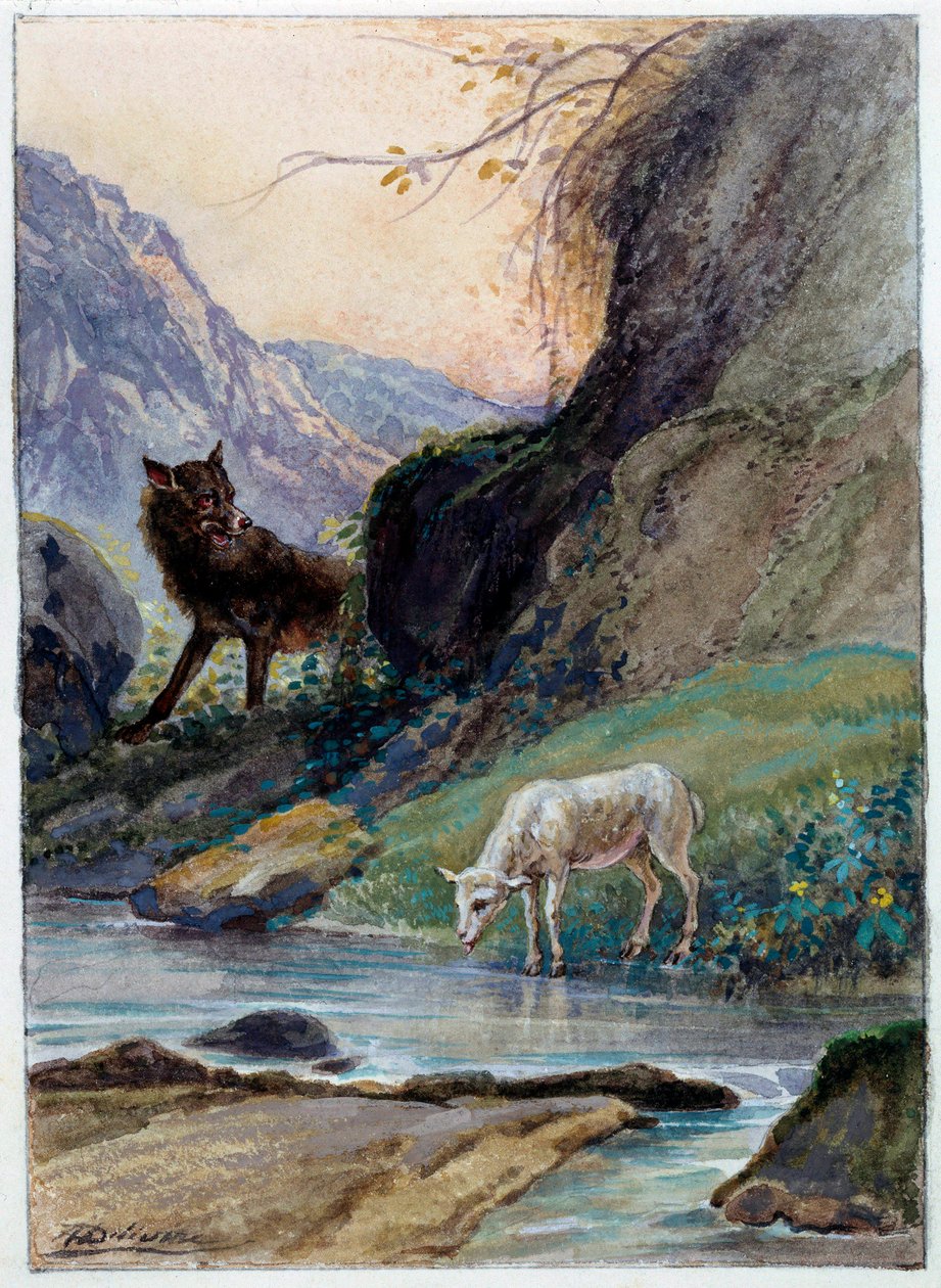 Illusztráció Jean de La Fontaine „A farkas és a bárány” című meséjéről. Auguste Delierre akvarellje (1829-1890 körül) alkotó: Auguste Delierre