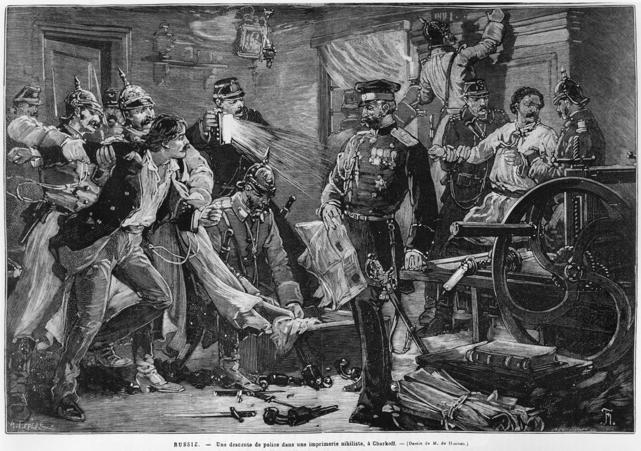 Az orosz rendőrség egy nihilista nyomdát fedezett fel Charkoffban, a Le Monde Illustre-ből, 1881. február alkotó: Auguste Louis Lepère