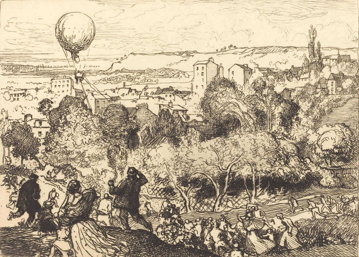 A Falling Balloon, Pre-Saint-Gervais Lebaloon qui sírjában, Pre-Saint-Gervais-ban, 1910. alkotó: Auguste Lepere