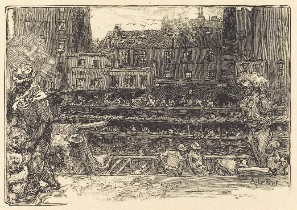 Kirakodás, Canal St. Martin vakolat kirakodók, Canal Saint-Martin, 1890. alkotó: Auguste Lepere