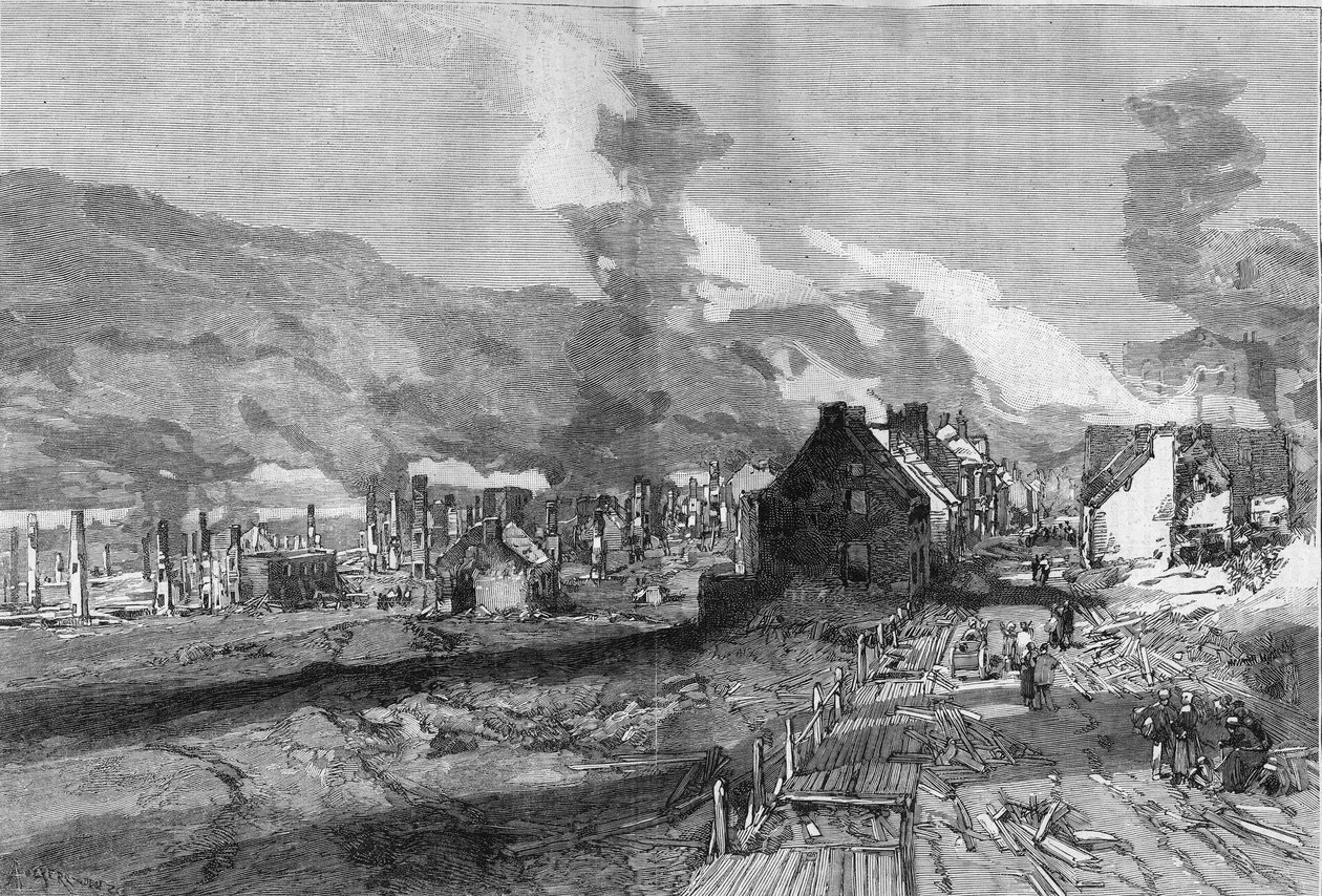 Quebec City (Kanada) romjainak kilátása az 1881. júniusi tűzvész után. Lepere metszet a „” The Illustrous World”” 1267. számában, július 9. alkotó: Auguste Lepere