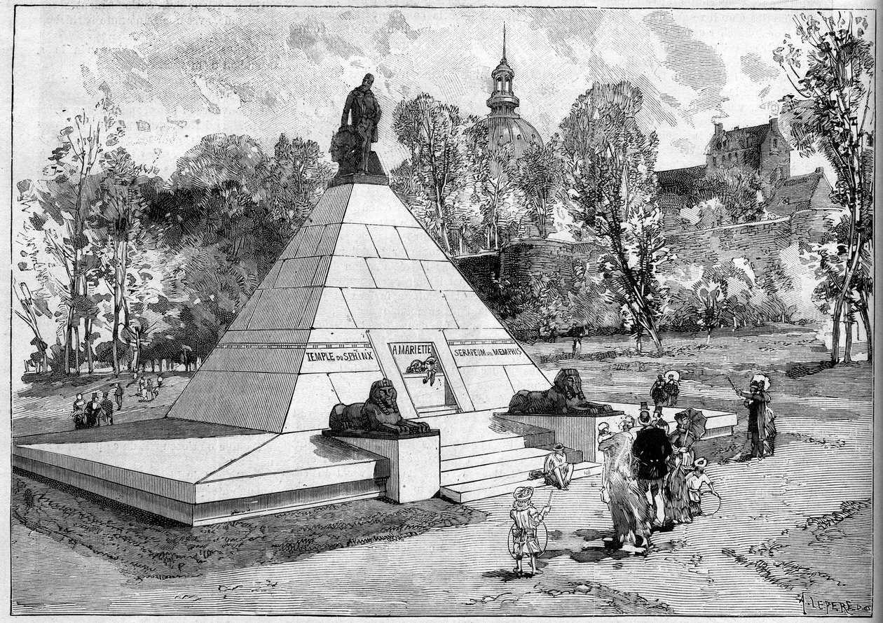 A francia egyiptológus Auguste-Edouard (Auguste Edouard) Mariette (1821-1881) emlékére emelt emlékmű látképe Boulogne sur Mer-ben (Boulogne-sur-Mer), Pas de Calais-ban (62). Lepere metszete a ""Le Monde Illustre"" 1322-es számában, 1882. július 29-én. alkotó: Auguste Lepere