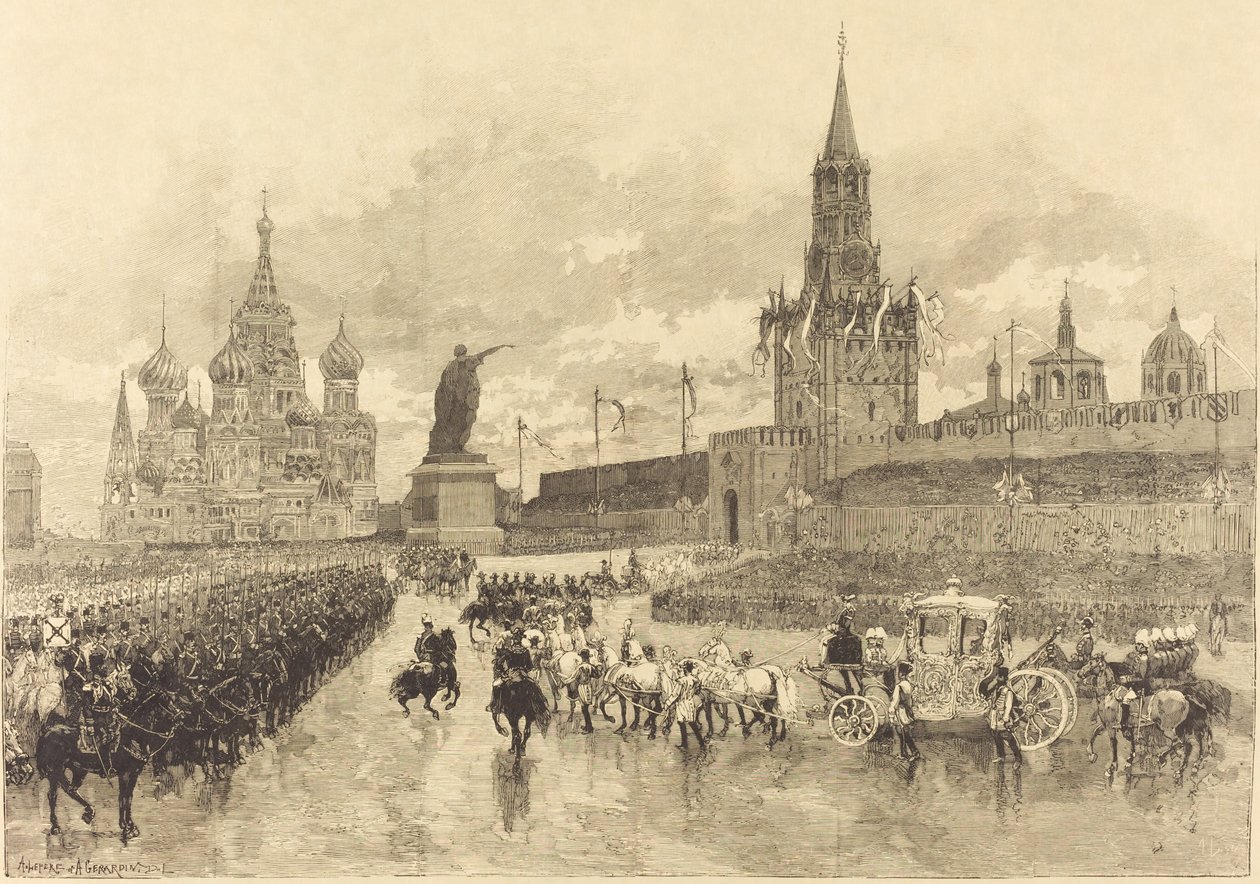 A cár koronázása. Az Imperial Cortège keresztezi a Place Royale-t alkotó: Auguste Lepère and Auguste Gérardin