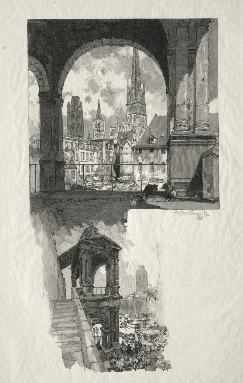 Illusztrált Rouen: Place de la Haute Vieille Tour; Aedicule of Pride alkotó: Auguste Louis Lepère