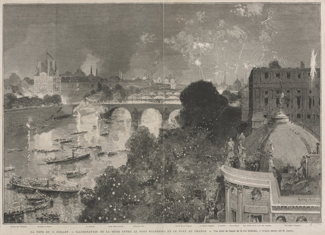 A július 14-i ünnepség, a Köztársaság tér kivilágítása (H. Scott nyomán) alkotó: Auguste Louis Lepère