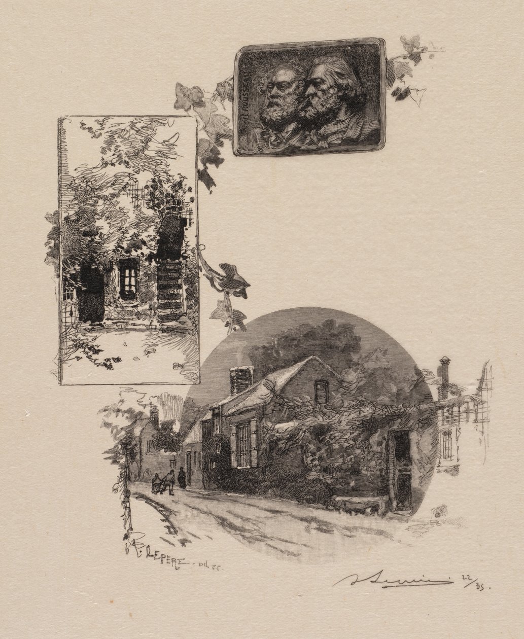 Fontainebleau-erdő: Belépés a Rousseaus Stúdióba és a Millet Home La Forêt de Fontainebleauba..., alkotó: Auguste Louis Lepère