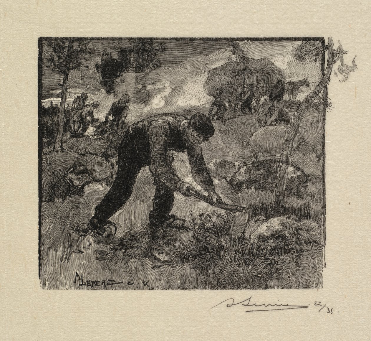 Fontainebleau-erdő: Hanga húzása alkotó: Auguste Louis Lepère