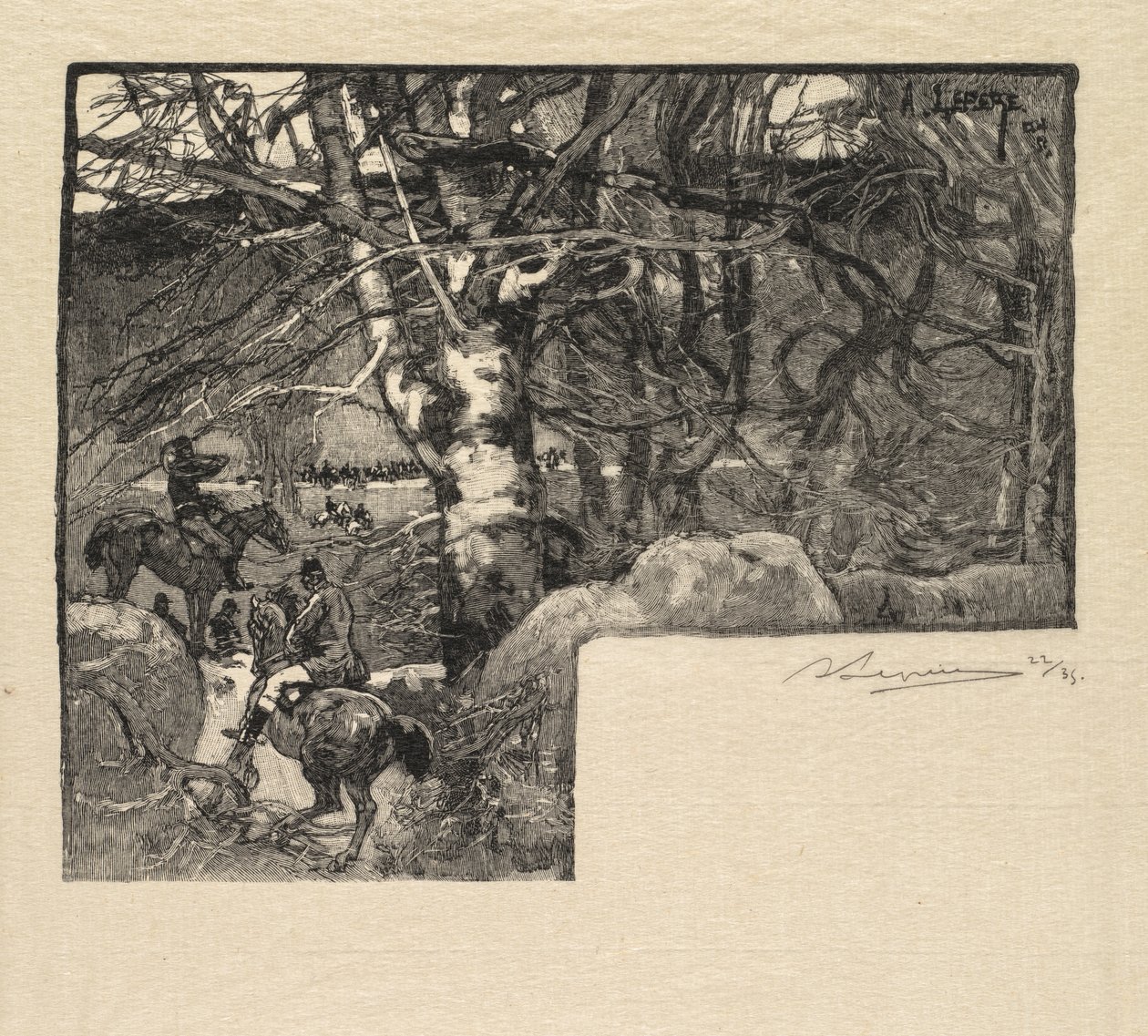 Fontainebleau-erdő: lovaglás a kopókhoz Mont-Gérard La Forêt de Fontainebleau-ban, 1890. alkotó: Auguste Louis Lepère