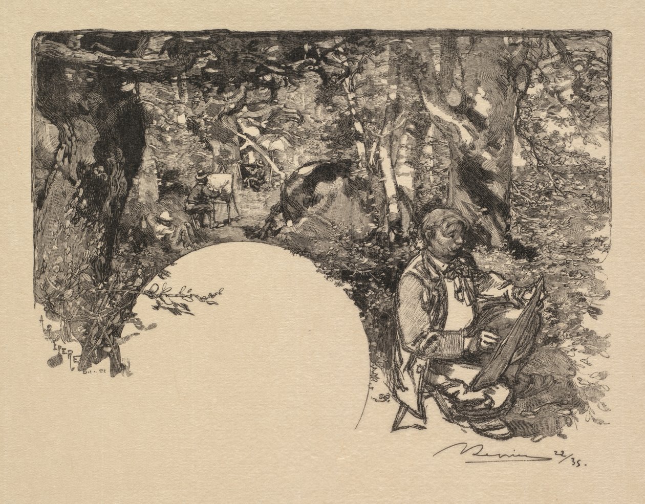 Fontainebleau-i erdő: A festők Fontainebleau-i erdő: A festők, 1890. alkotó: Auguste Louis Lepère