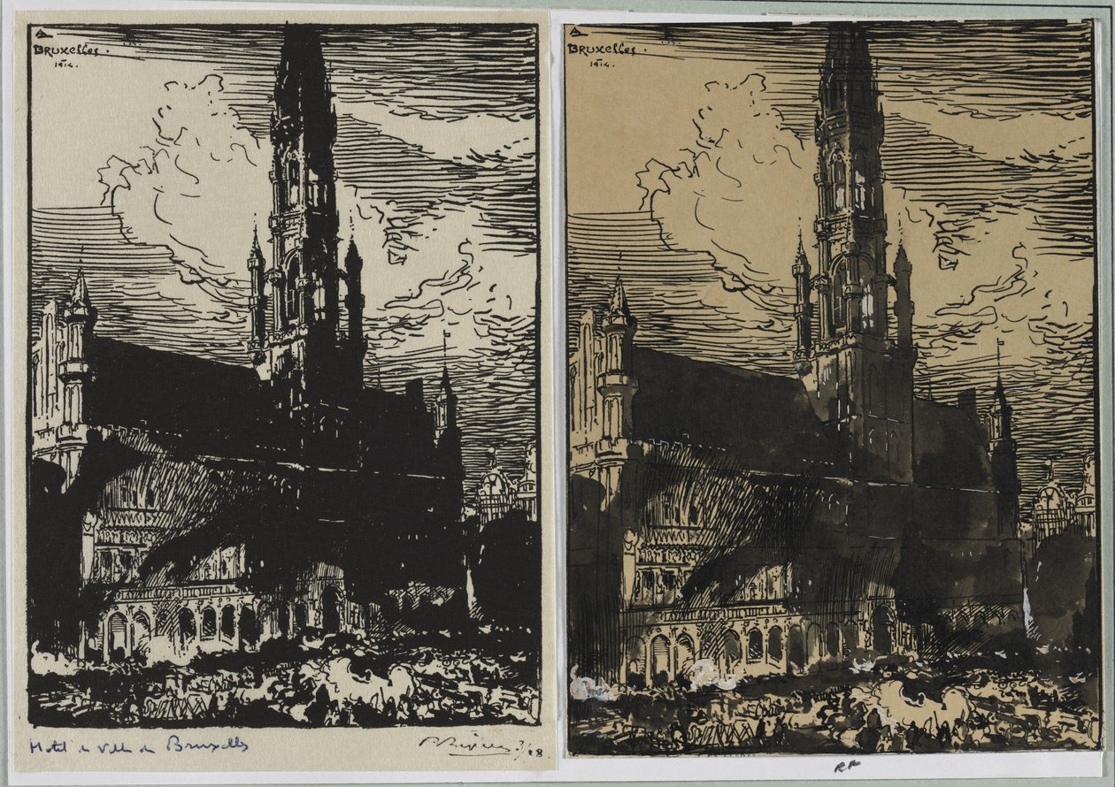 A brüsszeli városháza lángokban áll, 1914. alkotó: Auguste Louis Lepère