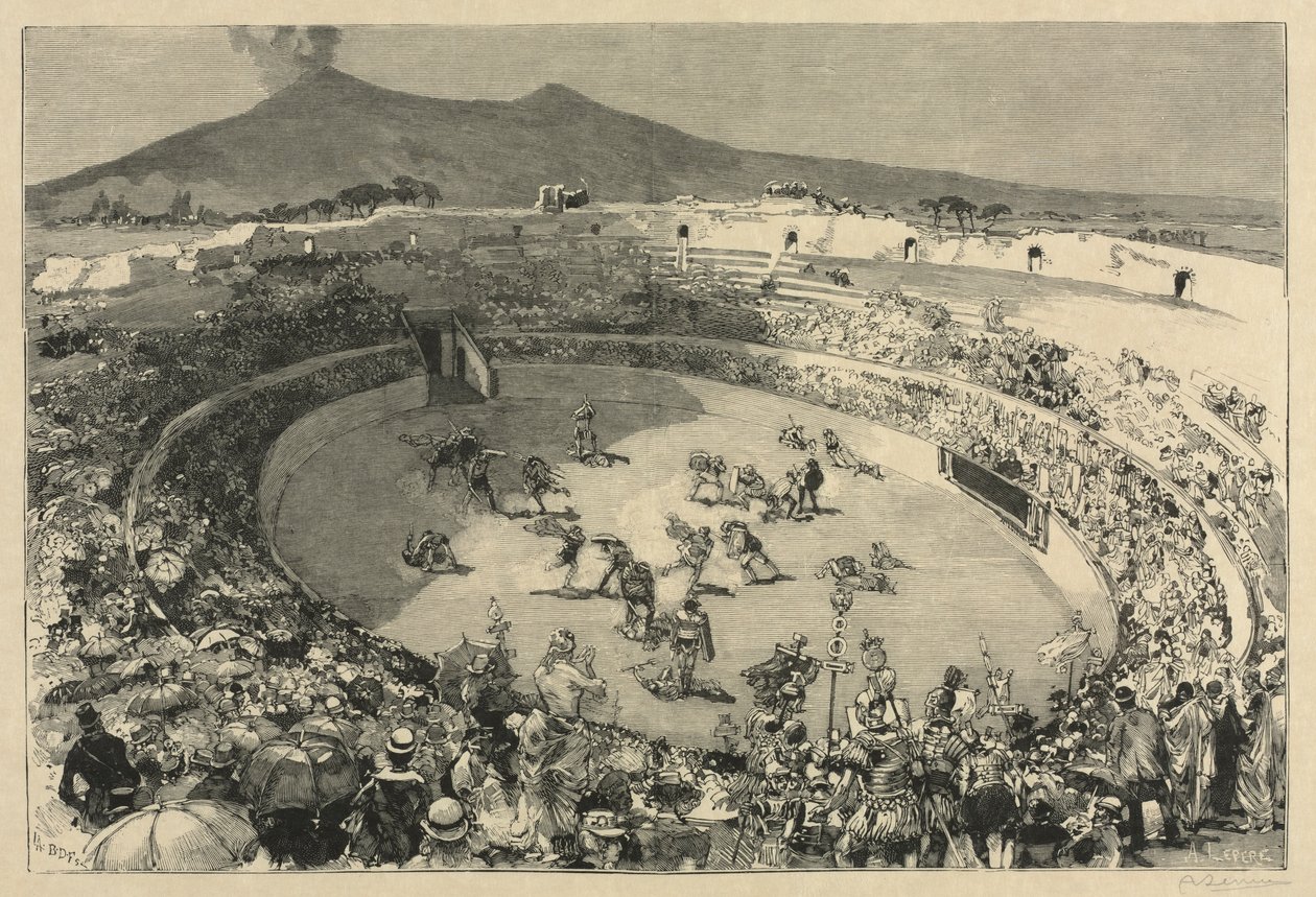 Olaszország. Pompei fesztiválja, Gladiátorok cirkusza, 1884. alkotó: Auguste Louis Lepère