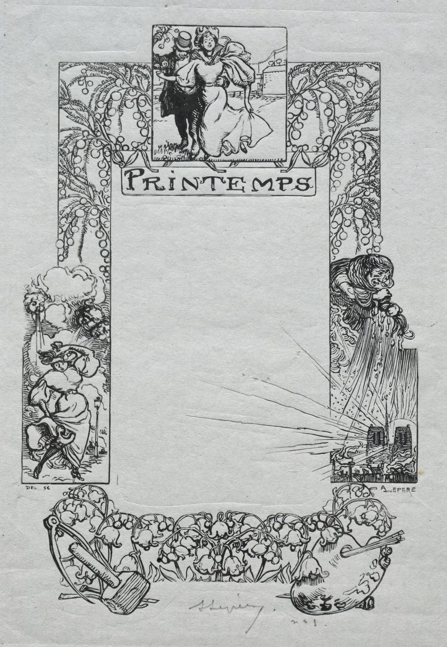 Párizsi Almanach, 1897: Díszítő szegély, tavasz alkotó: Auguste Louis Lepère