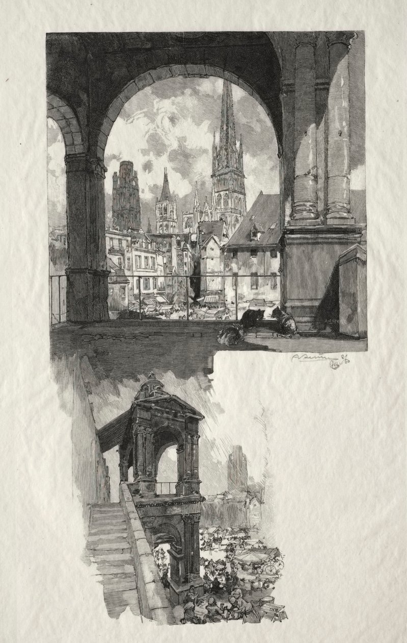 Illusztrált Rouen: Place de la Haute Vieille Tour; Aedicule of Pride alkotó: Auguste Louis Lepère