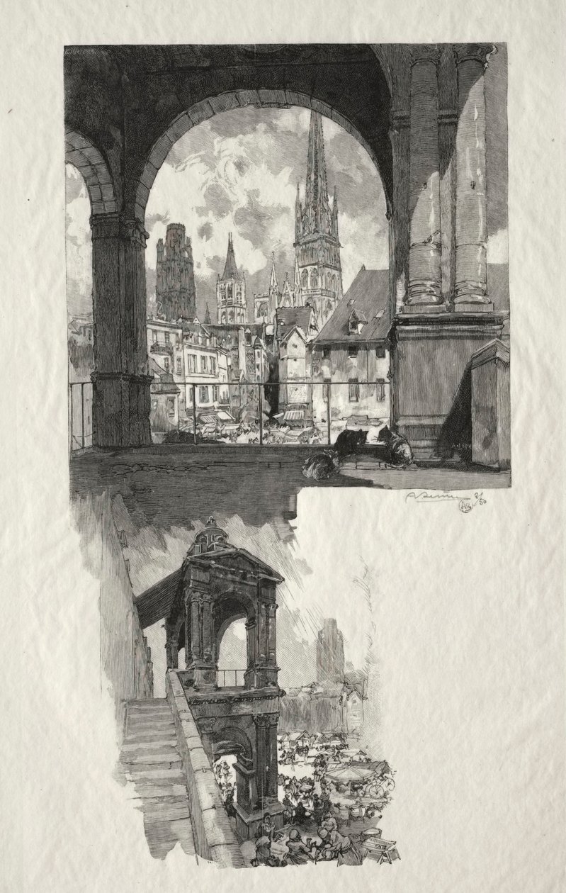 Illusztrált Rouen: Place de la Haute Vieille Tour, Edicule de la Fierte, 1896. alkotó: Auguste Louis Lepère