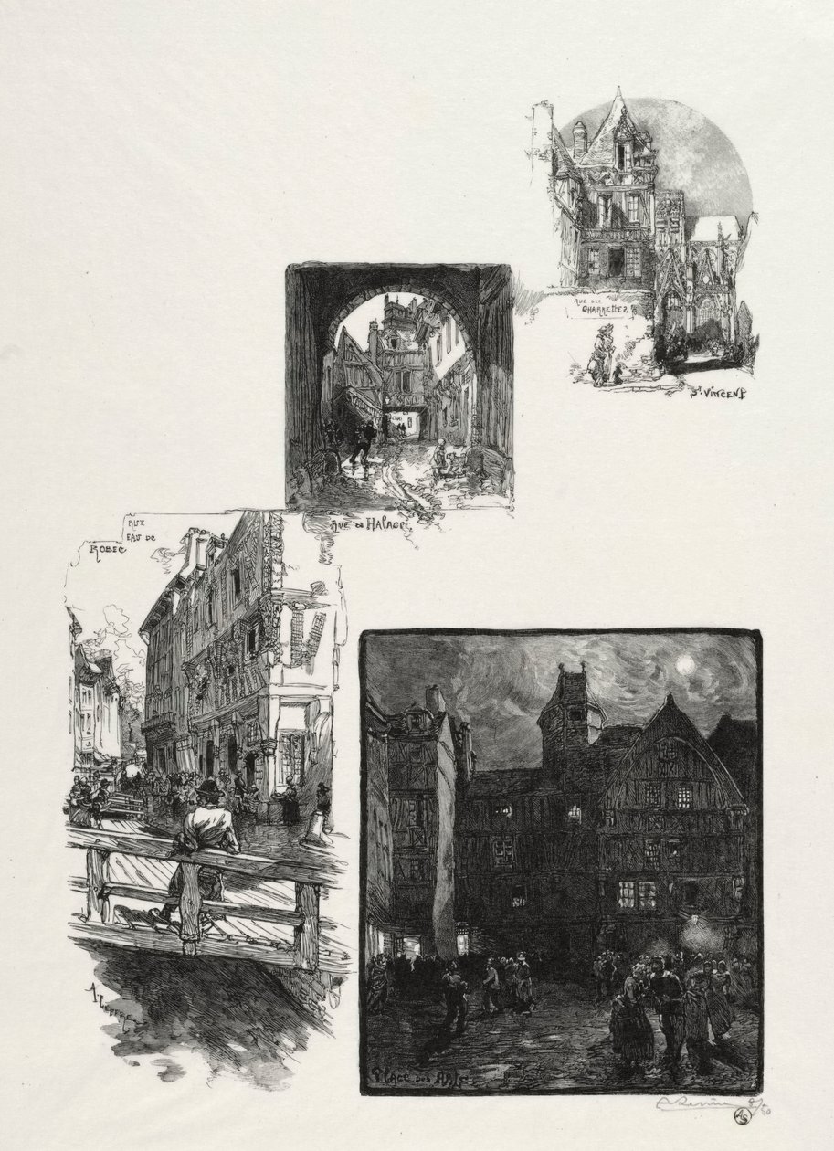 Illusztrált Rouen: Rue des Charretes; Halage utca; Rue Eau de Robec; Művészetek tér alkotó: Auguste Louis Lepère