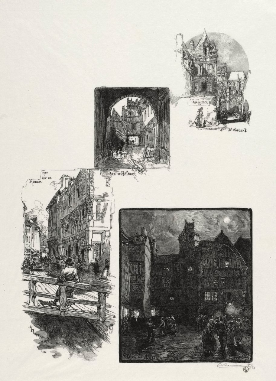 Illusztrált Rouen: Rue des Charretes, Rue de Halage, Rue Eau de Robec, Place des Arts, 1896. alkotó: Auguste Louis Lepère