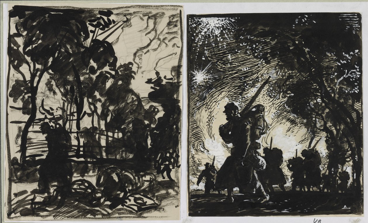 Éjszakai jelenet, járőrözés egy erdő szélén, 1914. alkotó: Auguste Louis Lepère