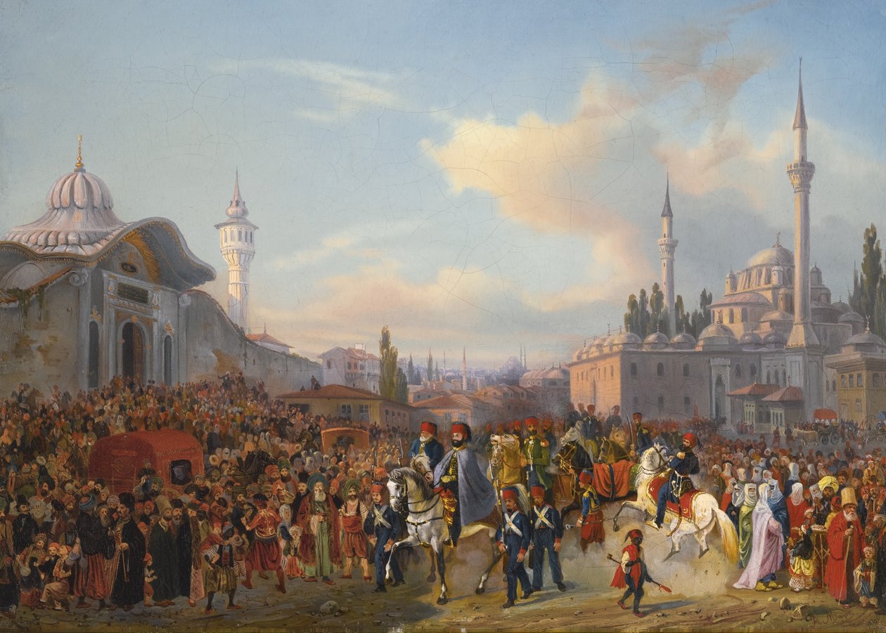 II. Mahmud szultán elhagyja a Bayezid mecsetet, Konstantinápoly, 1837 alkotó: Auguste Etienne Francois Mayer