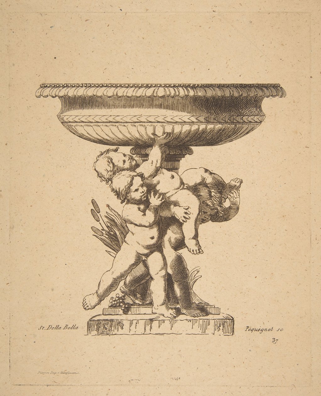 Három szökőkutat tartó gyermek díszes mintája, 19. század. alkotó: Auguste Pequegnot