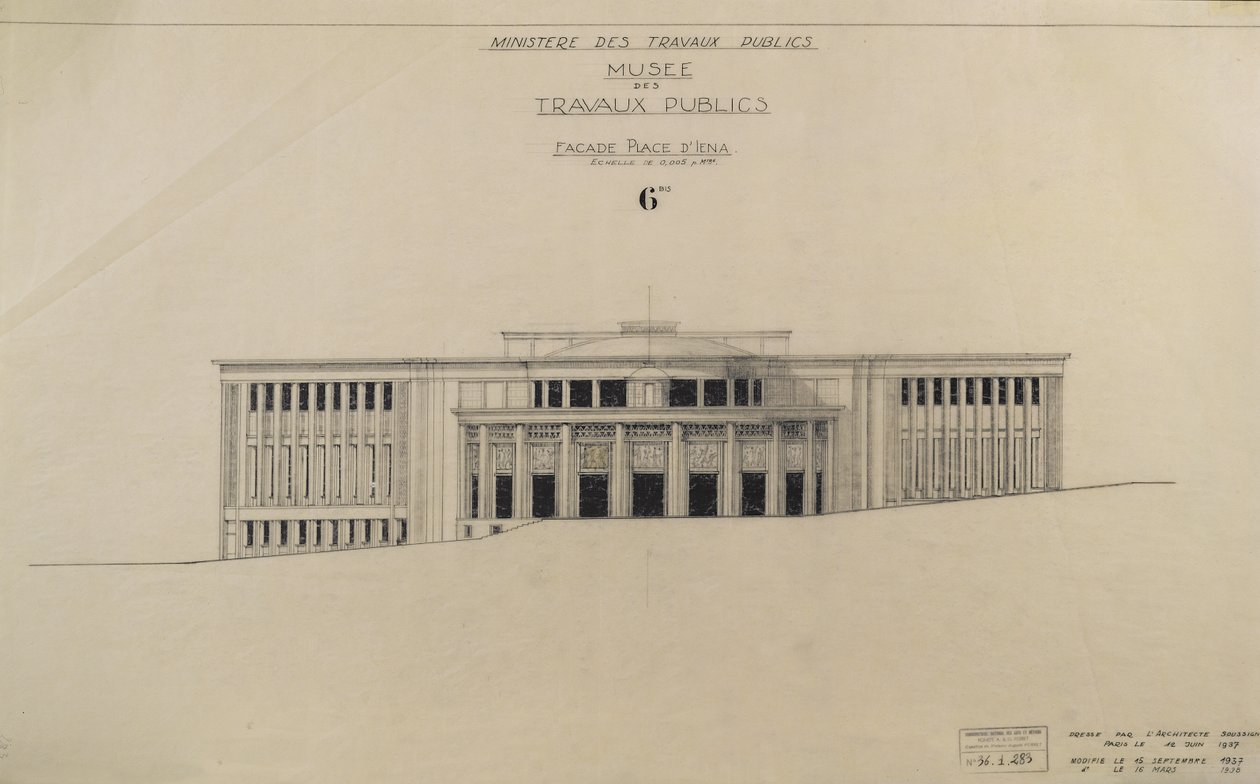 Projekt a Musee des Travaux Publiques számára, homlokzat, Place d