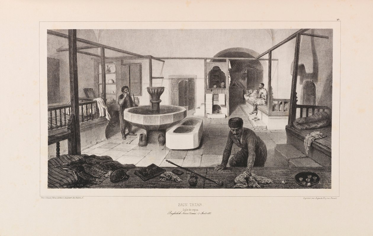 Tatár fürdő, pihenő. Anatole de Demidoff Voyage dans la Russie című művéből, 1837. alkotó: Auguste Raffet