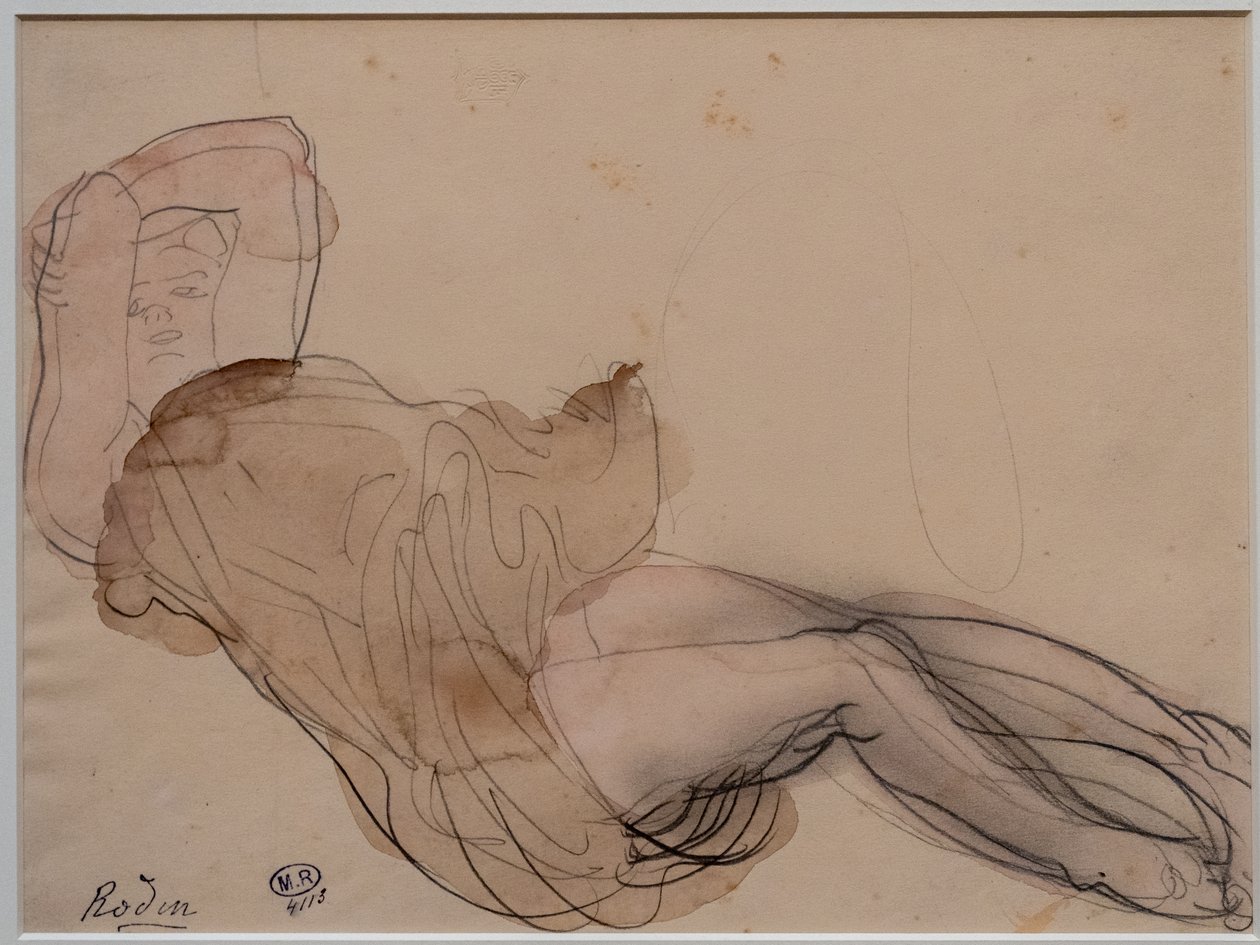 Fekvő nő, félmeztelenül, a feje mögött keresztbe tett karokkal alkotó: Auguste Rodin