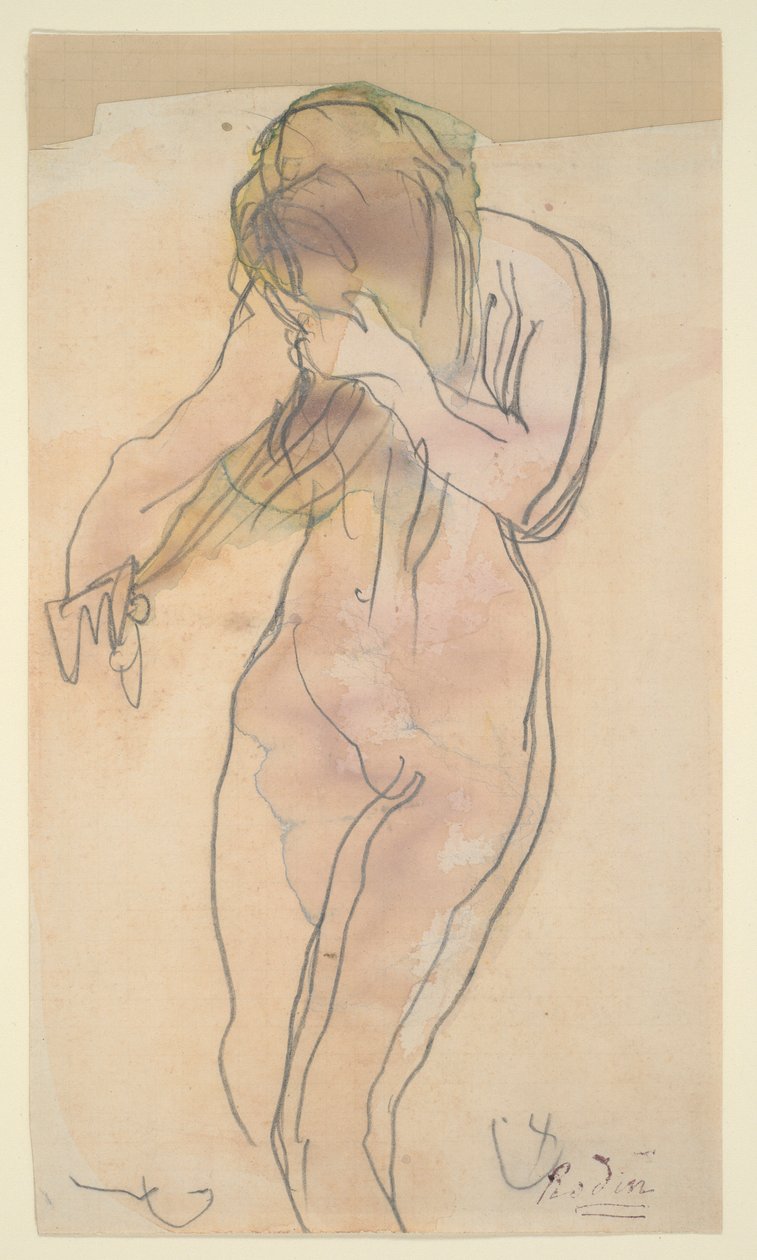 A meztelenség tanulmányozása (állva, fésülködve) alkotó: Auguste Rodin