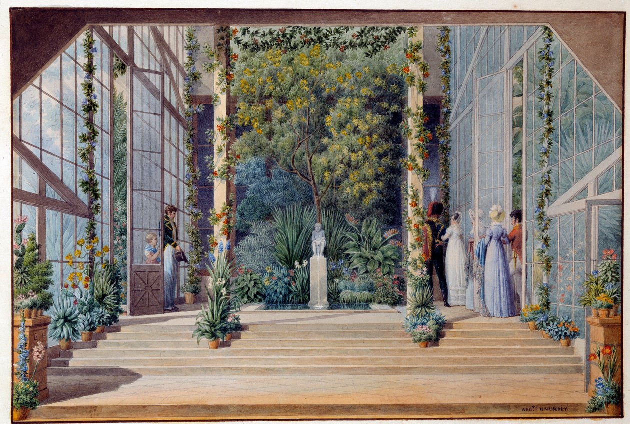 Auguste Garneray (1785-1824) látogatása a Malmaison Aquarelle kastély meleg üvegházában 1823 V. 0,16x0,24 m Malmaison, musee du chateau alkotó: Auguste Simon Garneray