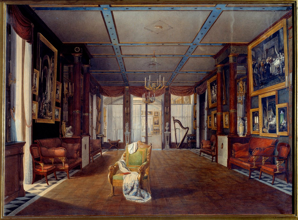 A zeneszoba a Chateau de la Malmaisonban 1812-ben Auguste Garneray (1785-1824) festménye 1812 V. 0,66x0,91 m Malmaison, kastélymúzeum alkotó: Auguste Simon Garneray