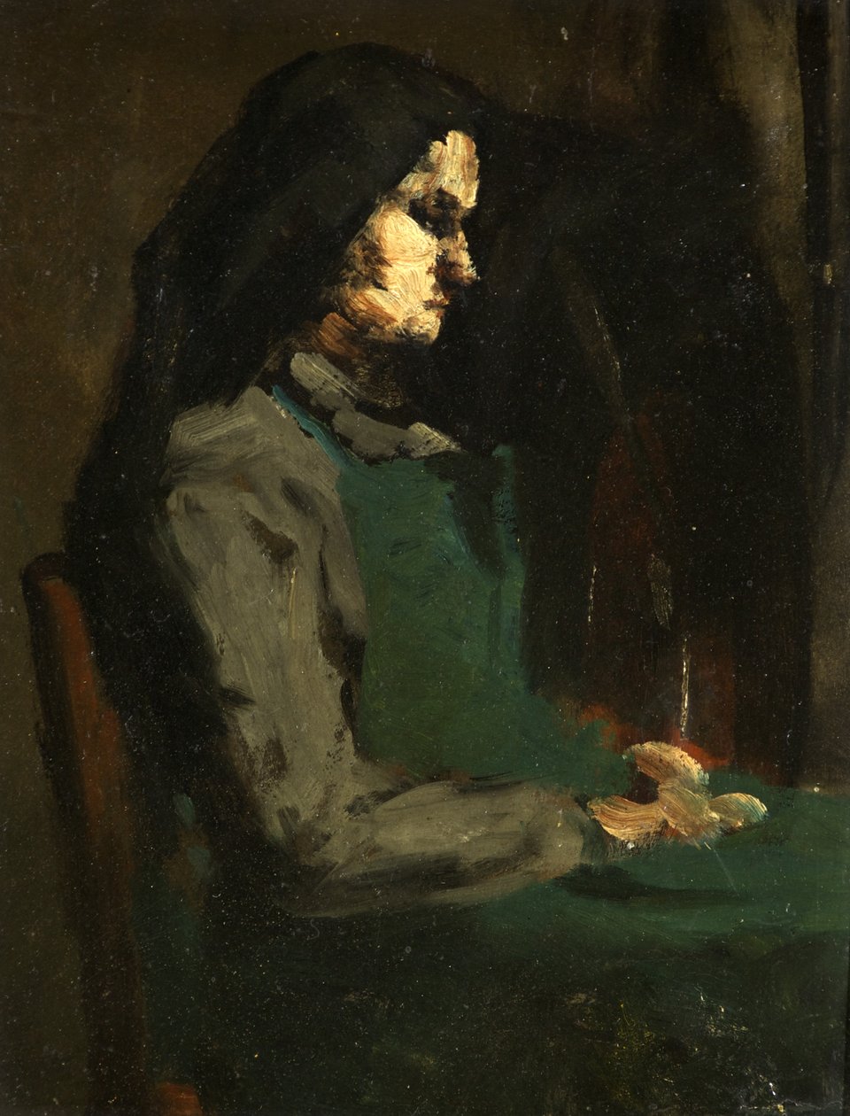 Nő zöld köténnyel (olaj, karton) alkotó: Auguste Theodule Ribot