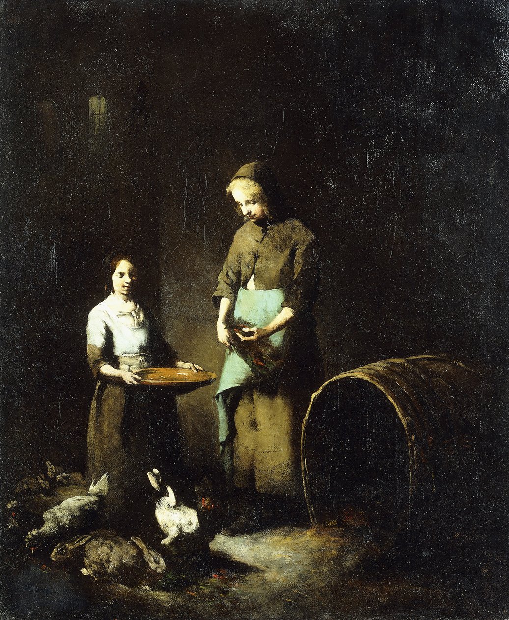Fiatal parasztlányok istálló állatokat etetnek, alkotó: Auguste Theodule Ribot