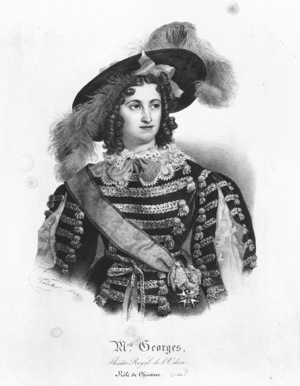 George Mademoiselle Krisztina svéd királynő szerepében Alexandre Dumas (1802-70) „Christine ou Stockholm, Fontainebleau és Róma” című művéből, 1830 alkotó: Auguste Toussaint or Lecler Le clerc